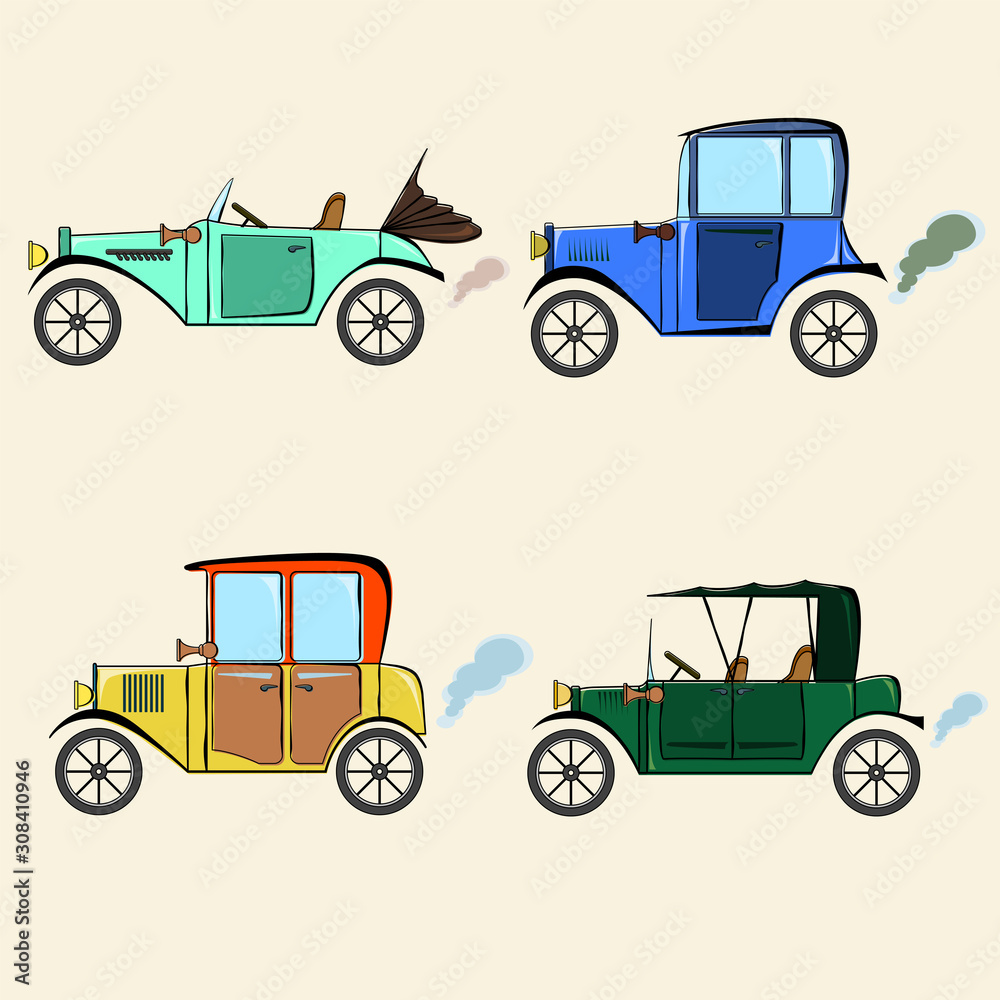 Set of vintage cars in comics cartoon style on a beige background. Collection with retro cars.