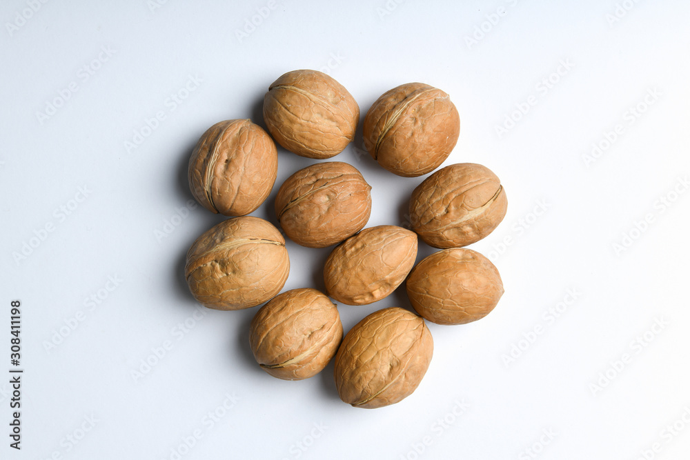 walnuts on a white background. Close up view of walnuts. Walnuts are 4 water, 15 protein, 65 fat and 14 carbohydrates, including 7 dietary fiber. In a reference portion of 100 grams. walnuts on a white background. Close up view of walnuts. Walnuts are 4 water, 15 protein, 65 fat and 14 carbohydrates, including 7 dietary fiber. In a reference portion of 100 grams.