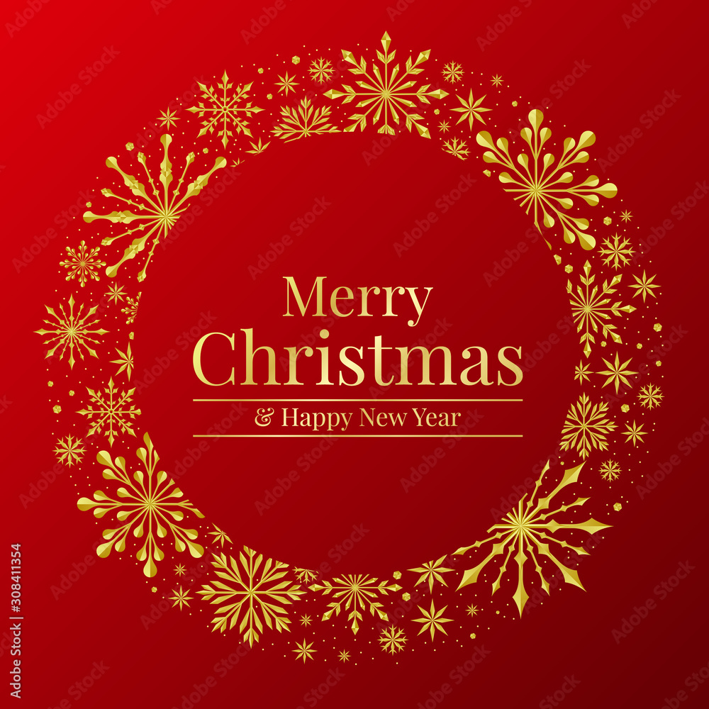 Merry christmas banner gold circle frame with abstract luxury snow sign on red background vector design Merry christmas banner gold circle frame with abstract luxury snow sign on red background vector design