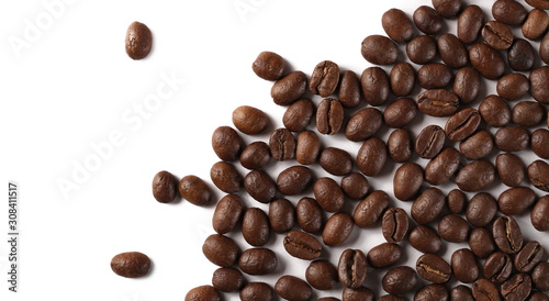 Coffee beans isolated on white background, top view