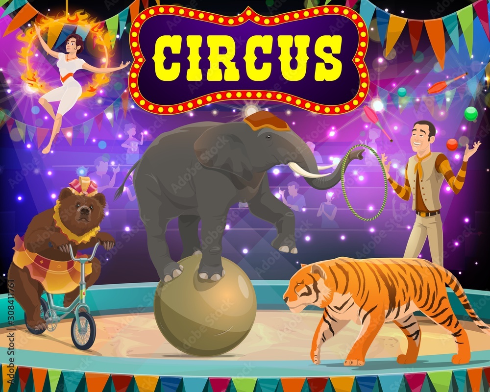 Circus show with trained animals, tamer. Vector arena in big top circus ...