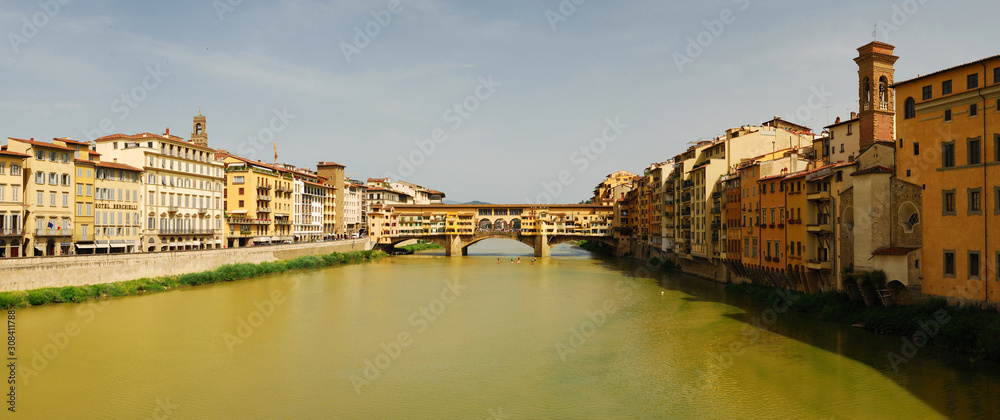 Panoramic view of the Ponte Vecchio bridge in the historic part of the famous Italian city of Florence