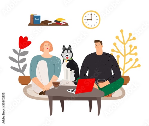 Evening time. Couple sitting on floor, drink tea and watch TV. Relaxing time for two. Man, woman and dog, family vector illustration