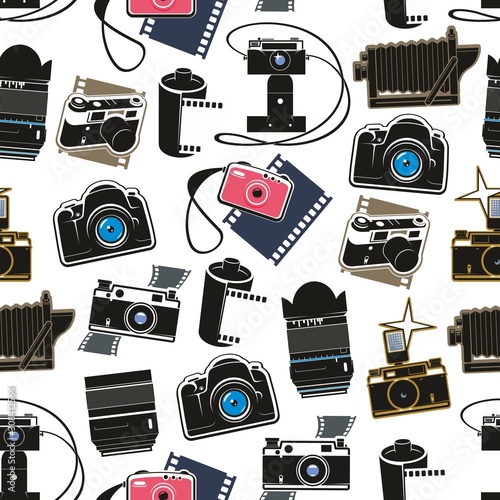 Photo equipment cameras and lens seamless pattern. Vector digital and retro photocameras, film cartridges or rolls and flashes. Professional photo studio symbols, photoshoot media or multimedia tools