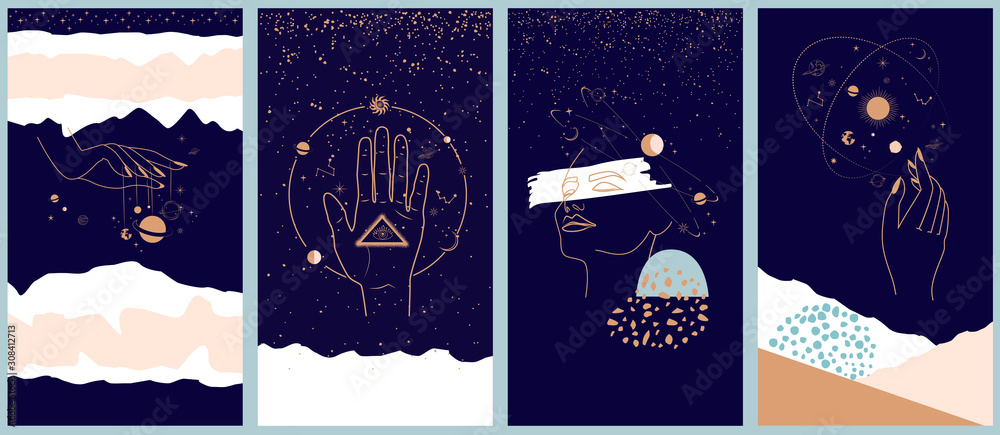 Collection of space and mysterious illustrations for Mobile App, Landing page, Web design in hand drawn style. Magic, occultism and astrology concept. Objects in the style of one line style.