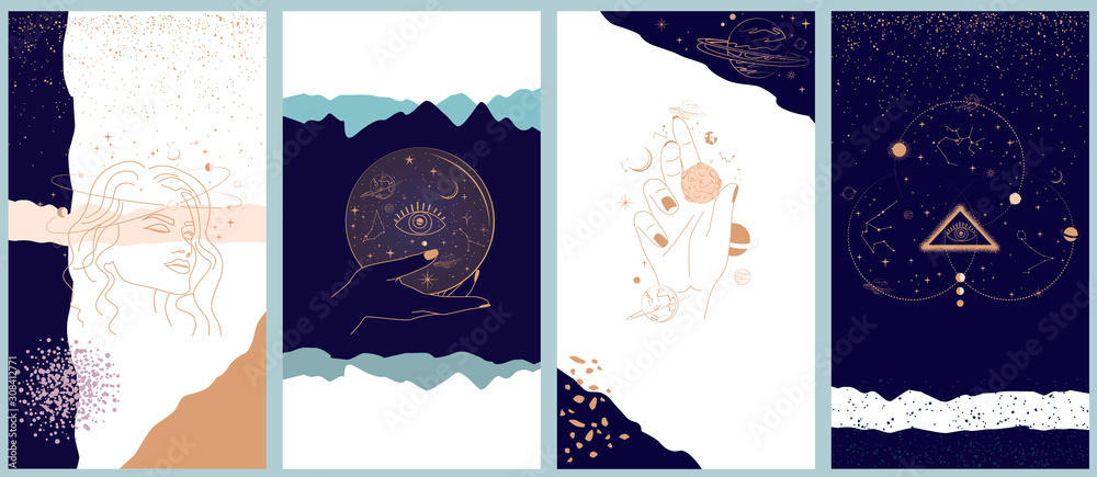 Collection of space and mysterious illustrations for Mobile App, Landing page, Web design in hand drawn style. Magic, occultism and astrology concept. Objects in the style of one line style.