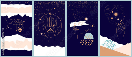 Photographie Collection of space and mysterious illustrations for Mobile App, Landing page, Web design in hand drawn style