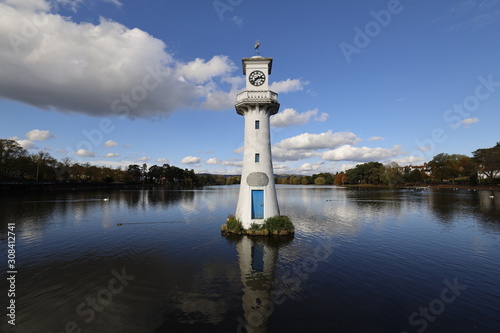 Lighthouse at Roath Park Lake, Cardiff, Wales, UK.