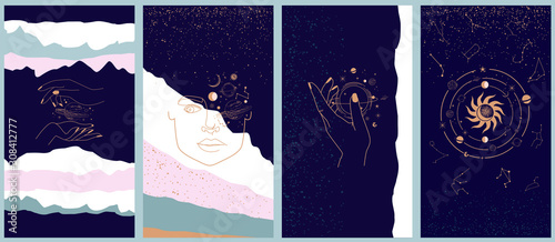 Fényképezés Collection of space and mysterious illustrations for Mobile App, Landing page, Web design in hand drawn style