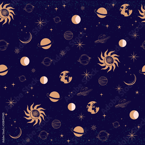 Seamless pattern with Astrology and Space concept. Minimalistic objects made in the style of one line. Editable vector illustration. © miobuono