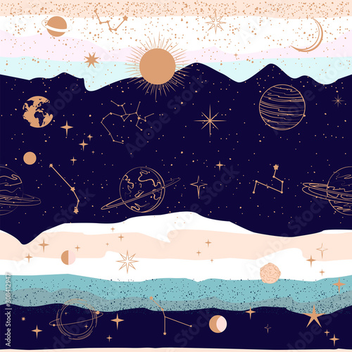 Seamless pattern with Astrology and Space concept. Minimalistic objects made in the style of one line. Editable vector illustration.