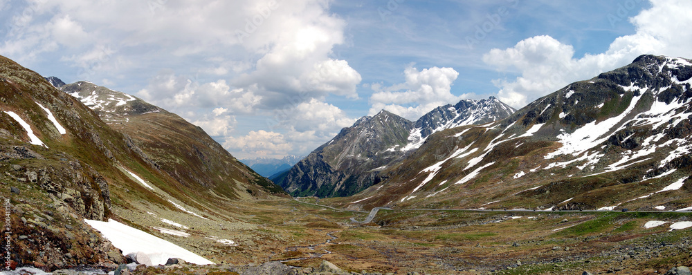 Panoramic view of alpine mountain pass in Switzerland