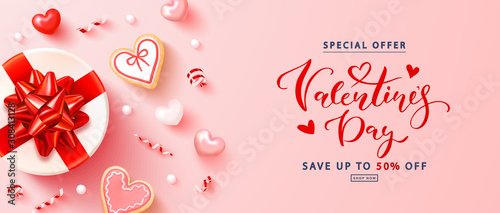 Happy valentine's day sale poster. Holiday background with gift box, cookies, hearts and streamers. Vector illustration for website,banners,ads,coupons,promotional material