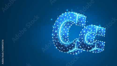 Alphabet letter C. Design of an Uppercase and lowercase letters. Banner, template or a pattern. Abstract digital wireframe, low poly mesh, vector blue neon 3d illustration. Triangle, line dot