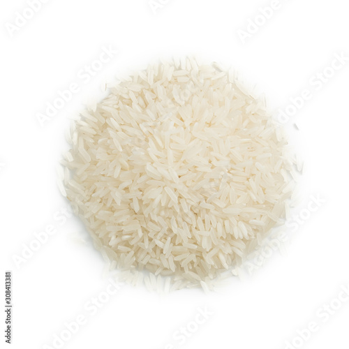 Pile of Raw Thai fragrant jasmine rice (Oryza sativa) isolated on white background.concept for agricultureใTop view, Flat lay