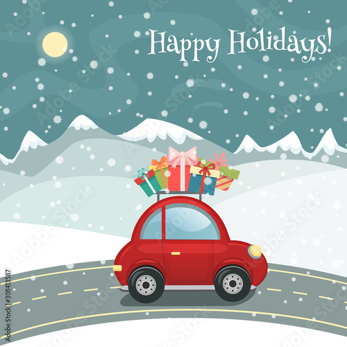 Merry Christmas or Happy New Year greeting card in cartoon style. Snowy landscape with mountains, hills and red retro car with gift boxes. Holiday background, invitation. Vector illustration