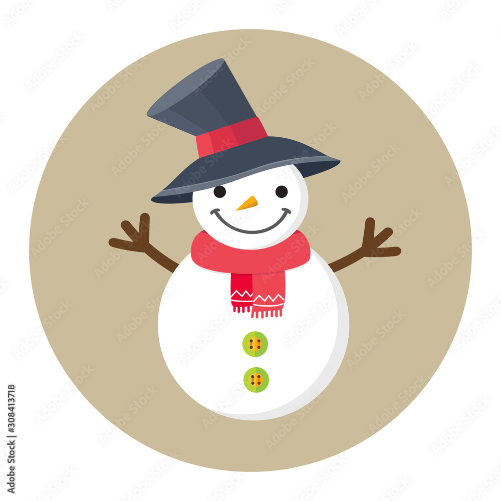 Christmas or Happy New Year smiling snowman in big funny hat and red scarf. Cute greeting card. Flat vector illustration in cartoon style Christmas or Happy New Year smiling snowman in big funny hat and red scarf. Cute greeting card. Flat vector illustration in cartoon style