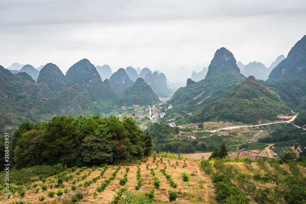 Karts hill Mountains view, on a cloudy misty morning in South China 