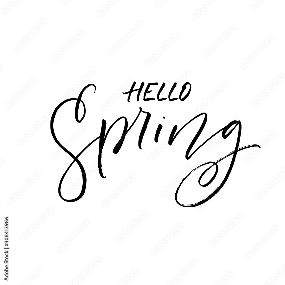 Hello spring card. Modern vector brush calligraphy. Ink illustration with hand-drawn lettering. Hello spring card. Modern vector brush calligraphy. Ink illustration with hand-drawn lettering.