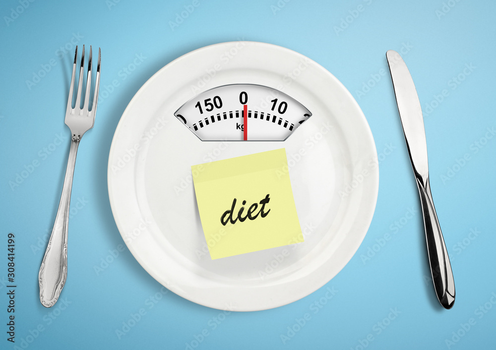 Ταπετσαρία Diet and weight loss concept. Plate with scale weighing-machine
