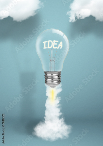 Successful idea concept, lightbulb rocket start up.