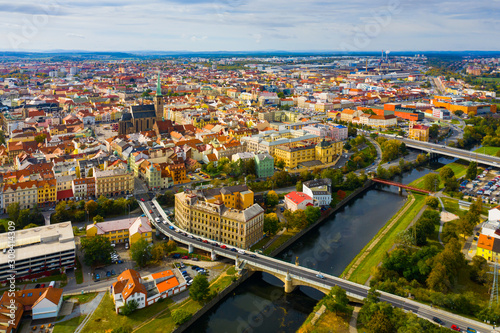 Aerial landscape of czech town of Pilsen with old historical houses in fall day photo