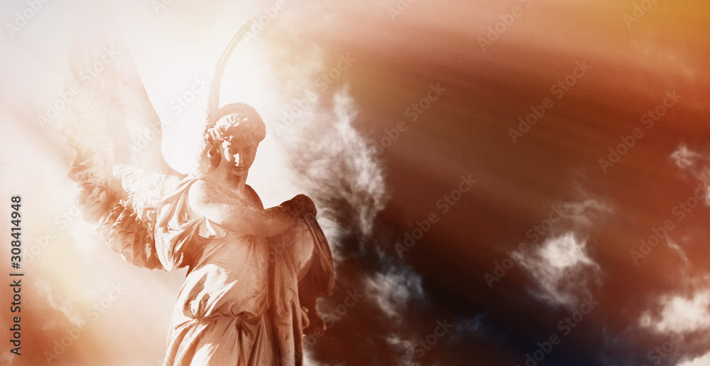 Antique statue of wonderful angel in the rays of the sun on sky background. Horizontal image. (architecture, sculpture, religion, faith concept) - obrazy, fototapety, plakaty 