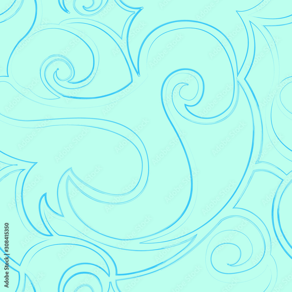Fototapeta premium Seamless turquoise vector pattern of spirals and waves. The texture in a linear style for textiles and packaging.