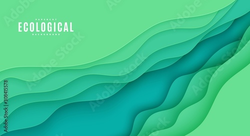 Abstract green flyer in cut paper style. Cutout grass wave template for save the Earth posters, ecology brochures, presentations, invitations with place for text .Vector horizontal card illustration