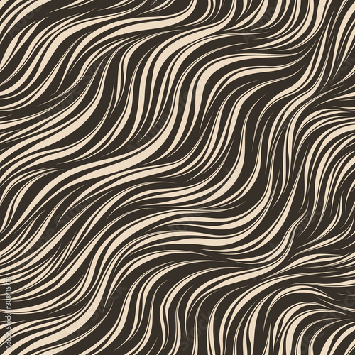 Seamless beige vector pattern on a brown background. Texture of smooth flowing waves for textile and packaging. Zebra skin.