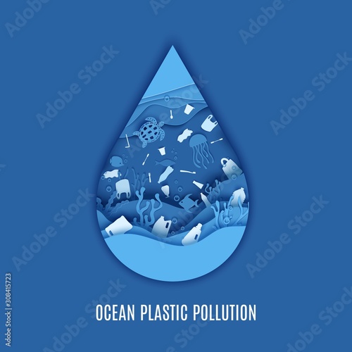 Ocean plastic pollution poster. Paper cut drop form depth under water sea cave with fishes, coral reef, seabed in algae, waves disposable tableware rubbish. Vector concept World Oceans Day 8 June