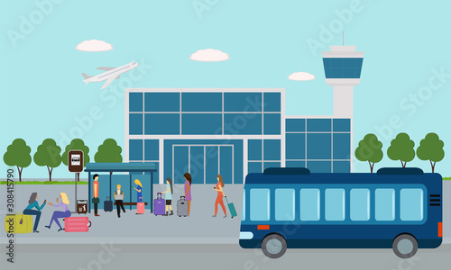 People waiting for a bus in front of the airport.