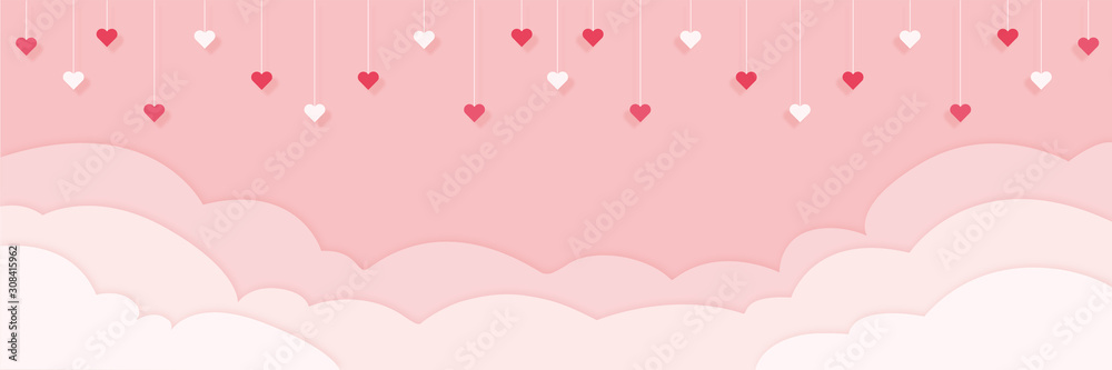 Valentinstag - Hintergrund in Papierschnitt, Wolken und Herzen hängen von der Decke Banner in pink