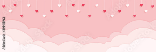 Valentinstag - Hintergrund in Papierschnitt, Wolken und Herzen hängen von der Decke Banner in pink photo