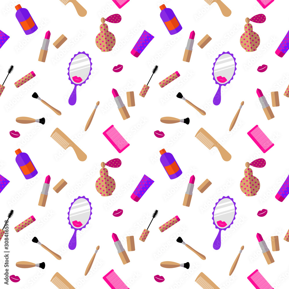  Seamless pattern: isolated female accessories and cosmetics on a white background. flat vector. illustration