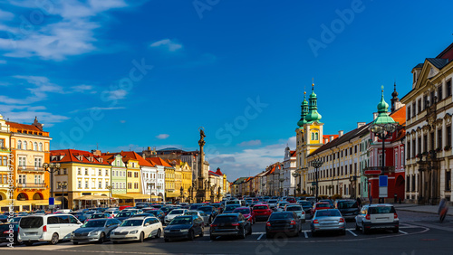 Church and Marian column on square of Hradec Kralove