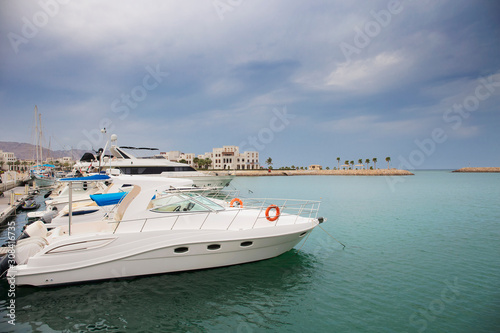 Boats moored in luxury marina,sultanate of Oman