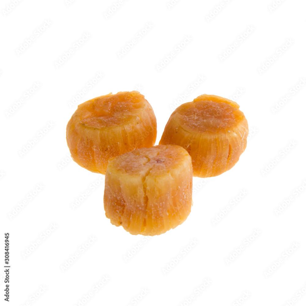dried scallop or chinese dry scallop on white background.