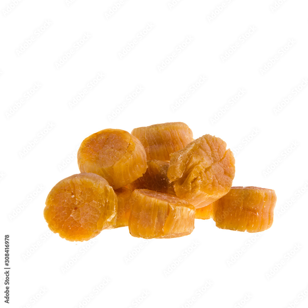 dried scallop or chinese dry scallop on white background. dried scallop or chinese dry scallop on white background.