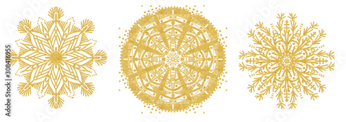 Set of snowflake sketch icon isolated on white background. Hand drawn mandala. Swirl gold icons for infographic, website, design or app