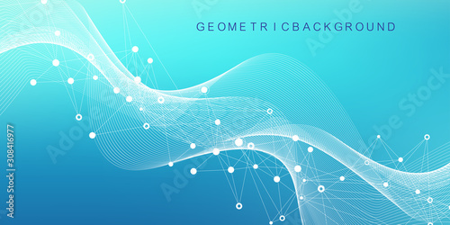 Expansion of life. Colorful explosion background with connected line and dots, wave flow. Visualization Quantum technology. Abstract graphic background explosion, motion burst, vector illustration.