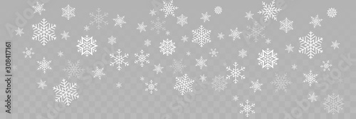 Falling Snowflakes different shape. Snowflakes, isolated on transparent background. Falling Snowflakes. Winter Christmas background. Realistic little Christmas Snow Panorama view. Christmas illustrati
