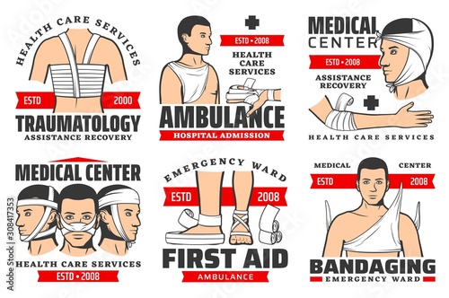 Traumatology services, ambulance hospital admission, first aid at traumas, bandaging isolated icons. Vector medical centers, emergency wards, assistance and recovery. Facial, back, arms chest bandage