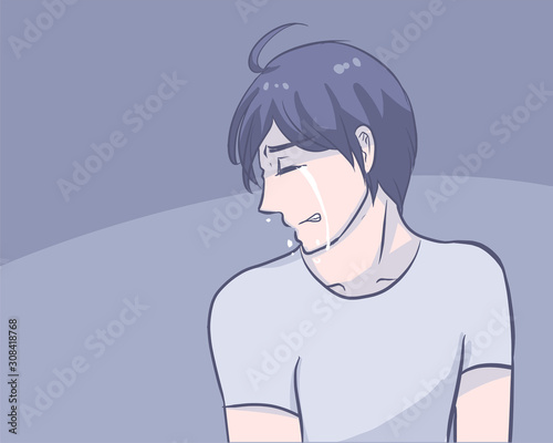 sad man cry line drawing cartoon character vector illustration concept depression mental and psychology