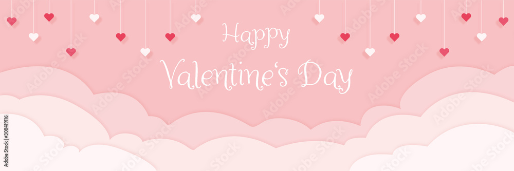 Happy Valentine's Day - Geschenkkarte, Hintergrund in  Wolken und Herzen hängen von der Decke Banner in pink