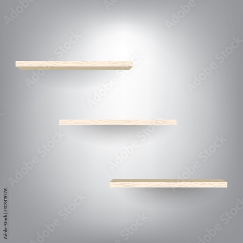 Wood shelves on gradient light gray background