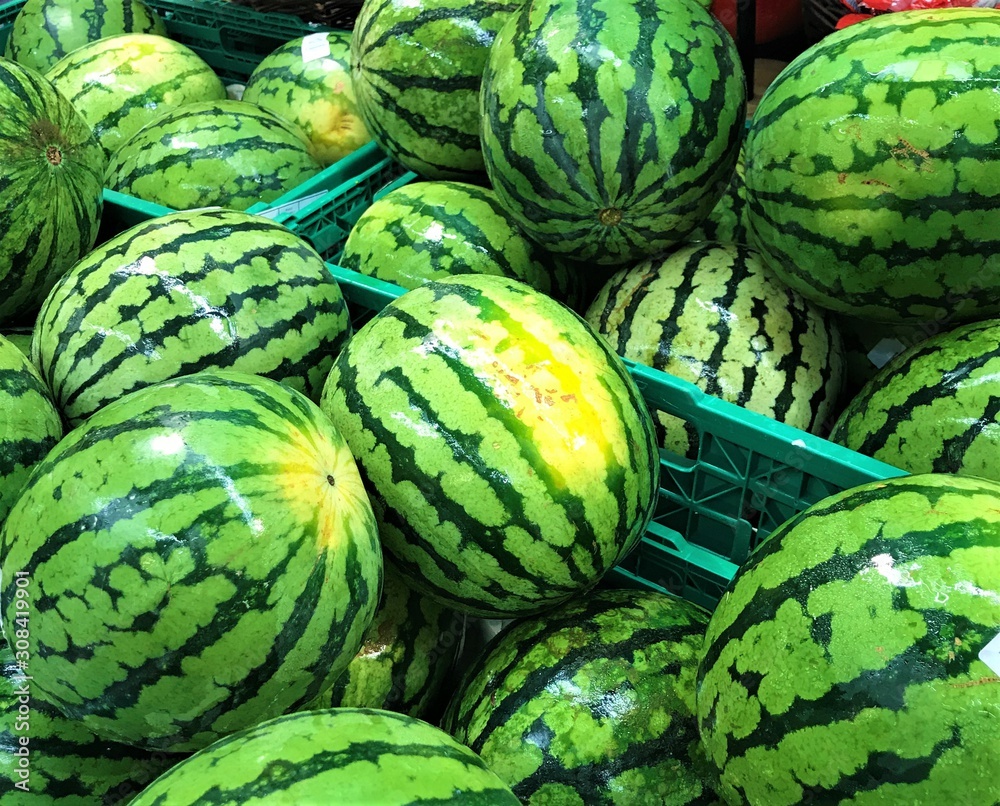 Ripe and sweet green watermelons in crates