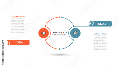 Business Infographic template. Thin line design layout with circle and marketing icon. Vector with 2 steps, options.