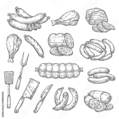 Meat food, sausages and kitchen cutlery isolated monochrome sketches. Vector beef and pork, lamb and mutton salami, bacon ham and chicken leg. Frankfurter and turkey, butcher shop and knife, fork