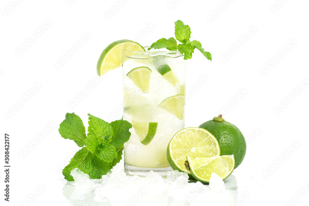 Fototapeta premium lemonade in Glass via lime pepermint water ice with white background